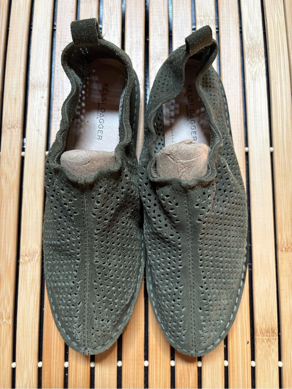 Kelsi Dagger Olive Green Perforated Suede Slip-On Loafers